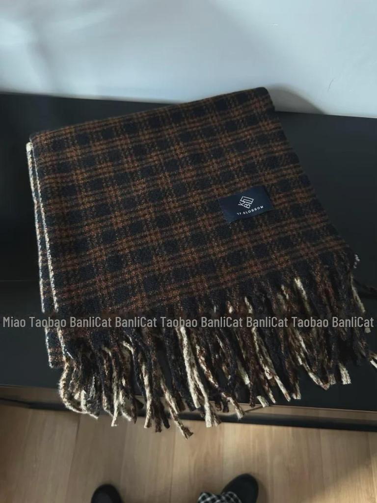 2024 Women's Korean-Style Blue & Brown Plaid Double-Sided Winter Scarf