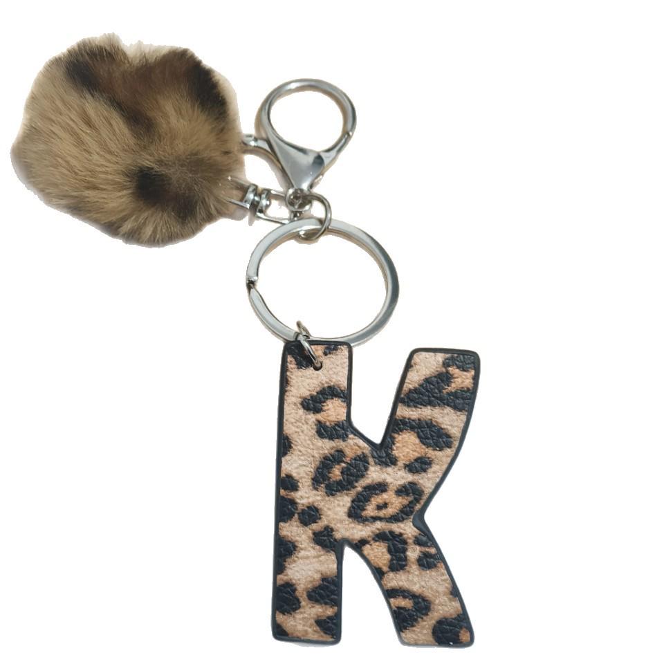 PU Leather Leopard Print Keychain with Plush Ball - Retro Style