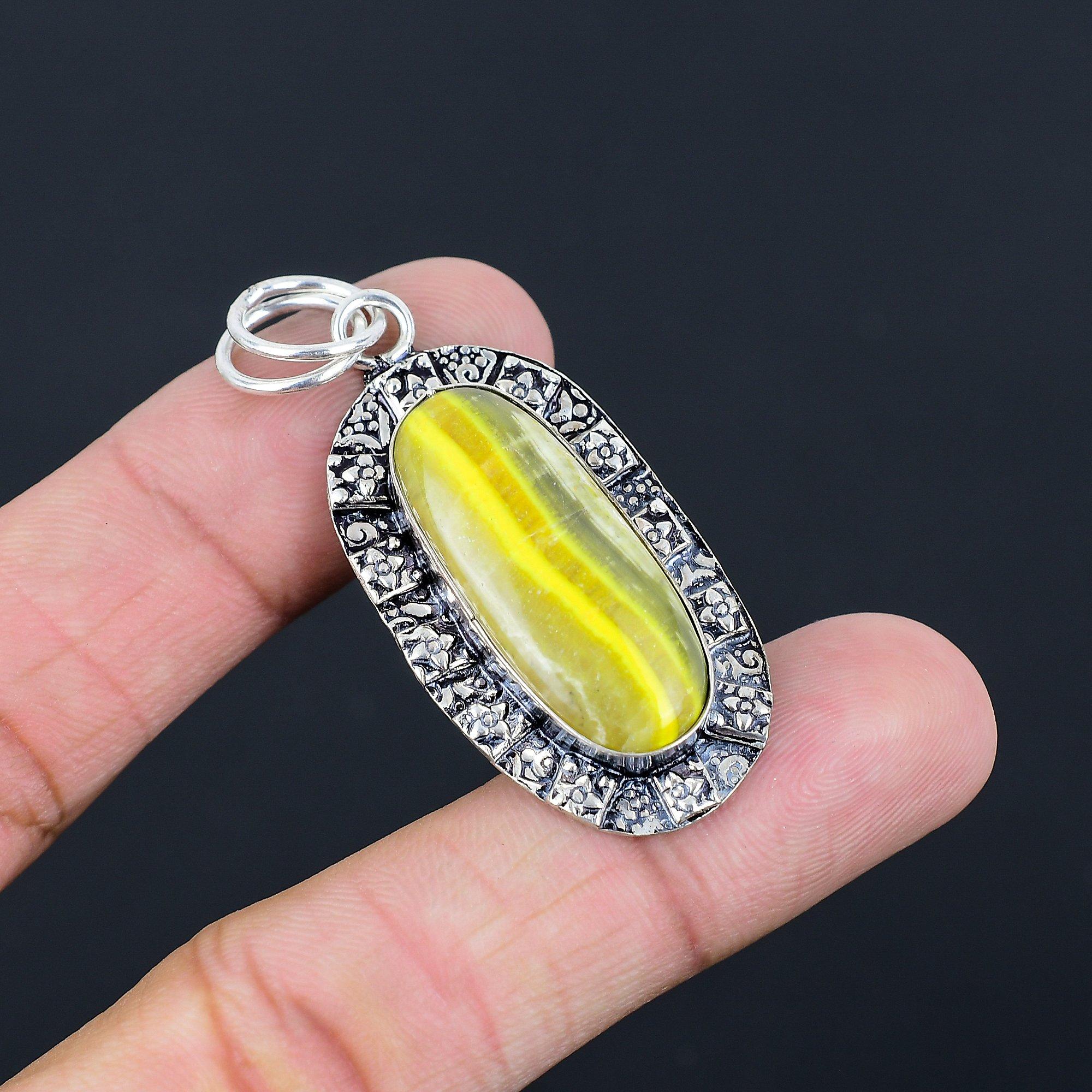 Natural Bumble Bee Jasper Gemstone Pendant Yellow 925 Sterling Silver Jewelry