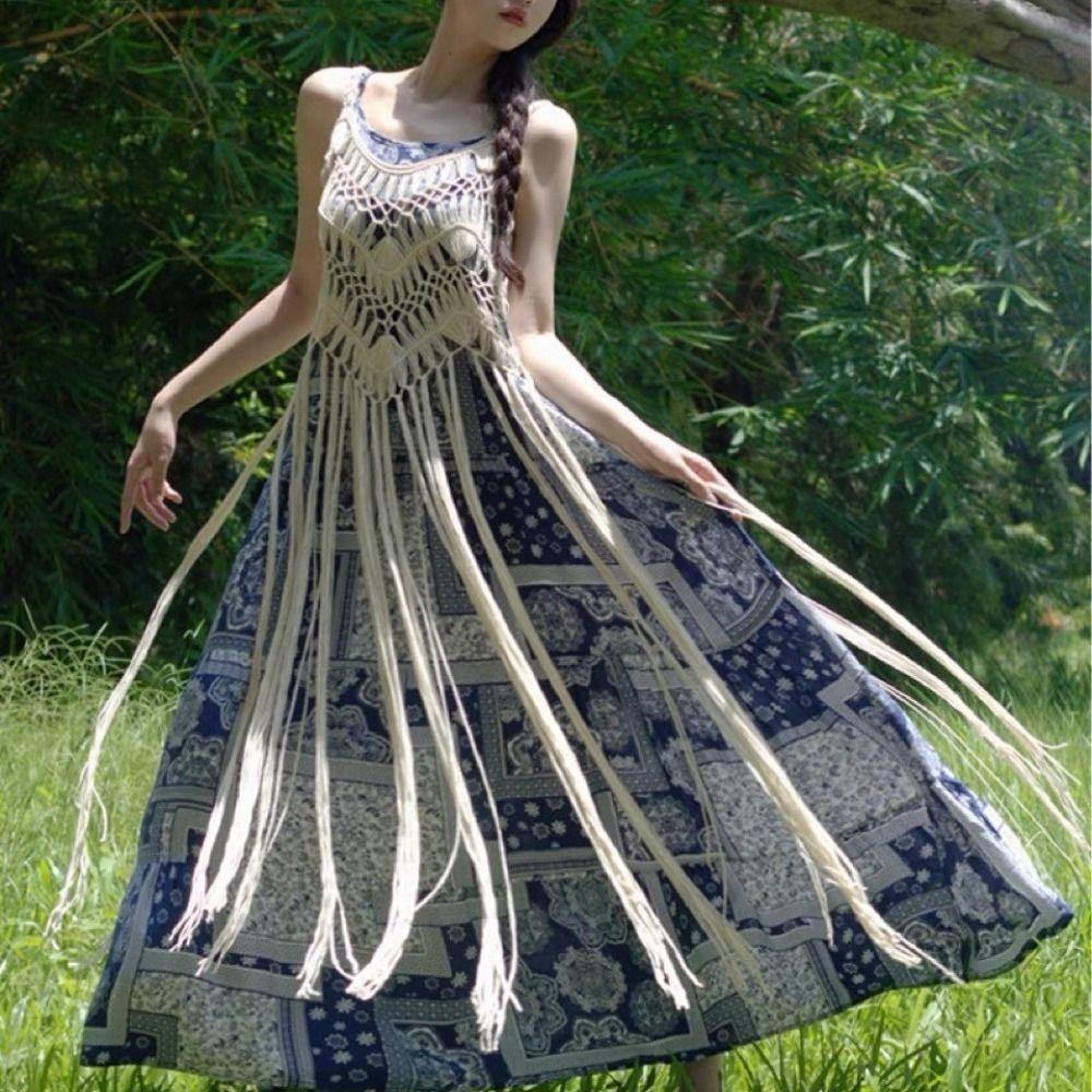 Polyester Fibre Beach Dress Bohemian Style Tassel Vest Elegant Knit Gown Beach Vacation