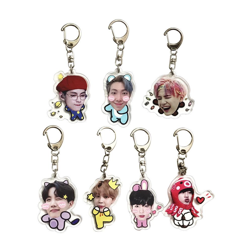 7ks BTS Vtipný Kreslený Akrylový Klíčenka, Tvář Člena Bangtan Boys s Roztomilým Oblečením Klíčenka, Kpop Idol Přívěsek na Tašku pro Fanoušky ARMY