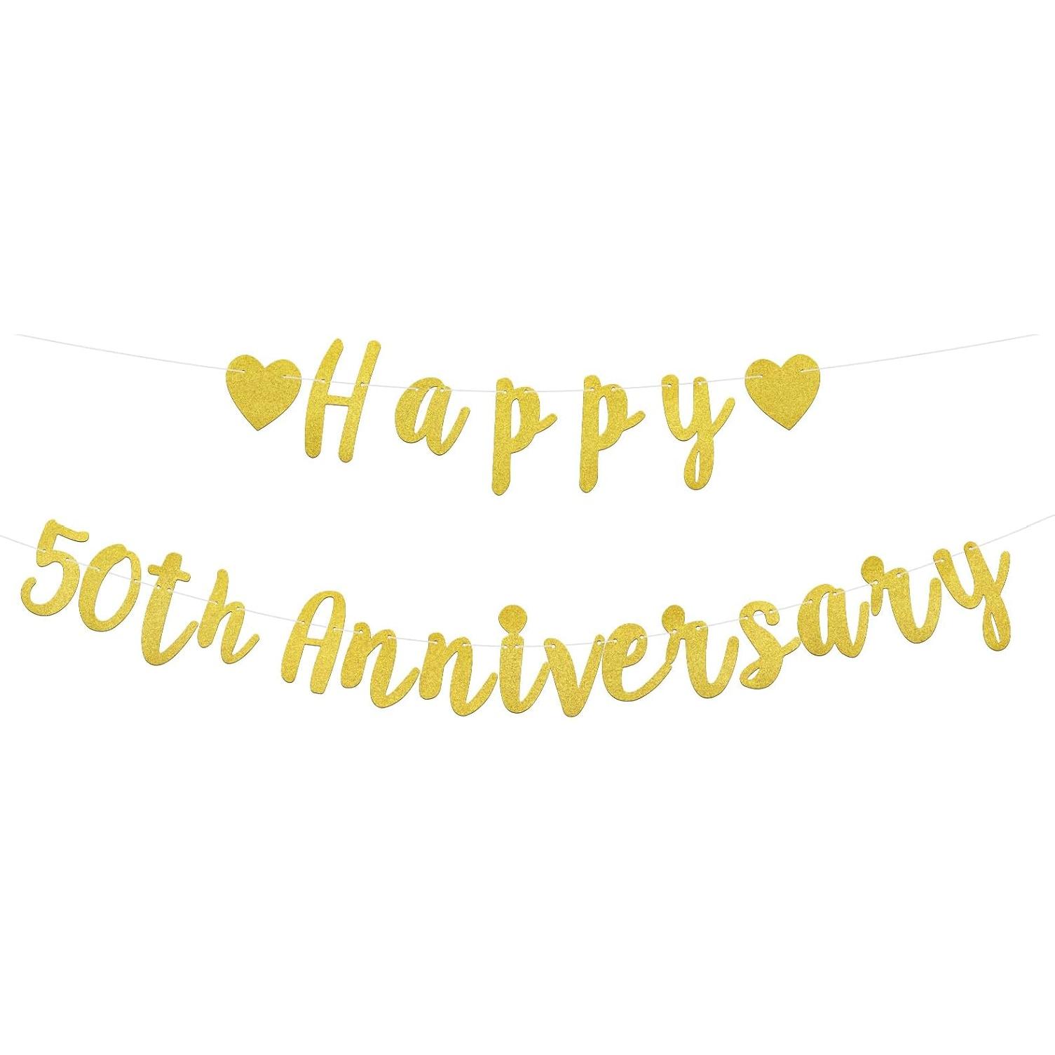 2pcs Happy 50th Anniversary Banner, Pre-Strung Glitter Gold 50th Wedding Anniversary Banner 50 Year Loved Party Favor & Decor Decorations