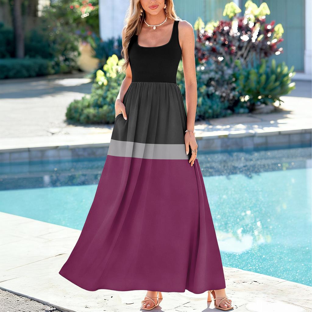 Ladies' striped printed summer casual and fashionable sleeveless long dress