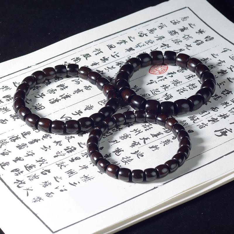 Ethnic Green Sandalwood Straight-Cut Barrel Bead Bracelet, Handmade Unisex Cultural Play Single Loop