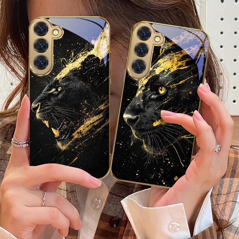 Black Panther Roars For Samsung Galaxy S26 S20 FE S21 S22 S23Plus S24 Ultra 25Ultra S21+ S9 S22 S8 S23 Golden Glass Phone Case
