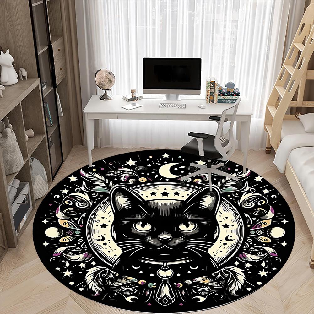 1 szt. Okrągły dywanik biurowy z kotem i księżycem, Mata odpowiednia do biura, Pod krzesła biurowe, Sypialni, Salonu, Wystroju domu, Dekoracja pokoju