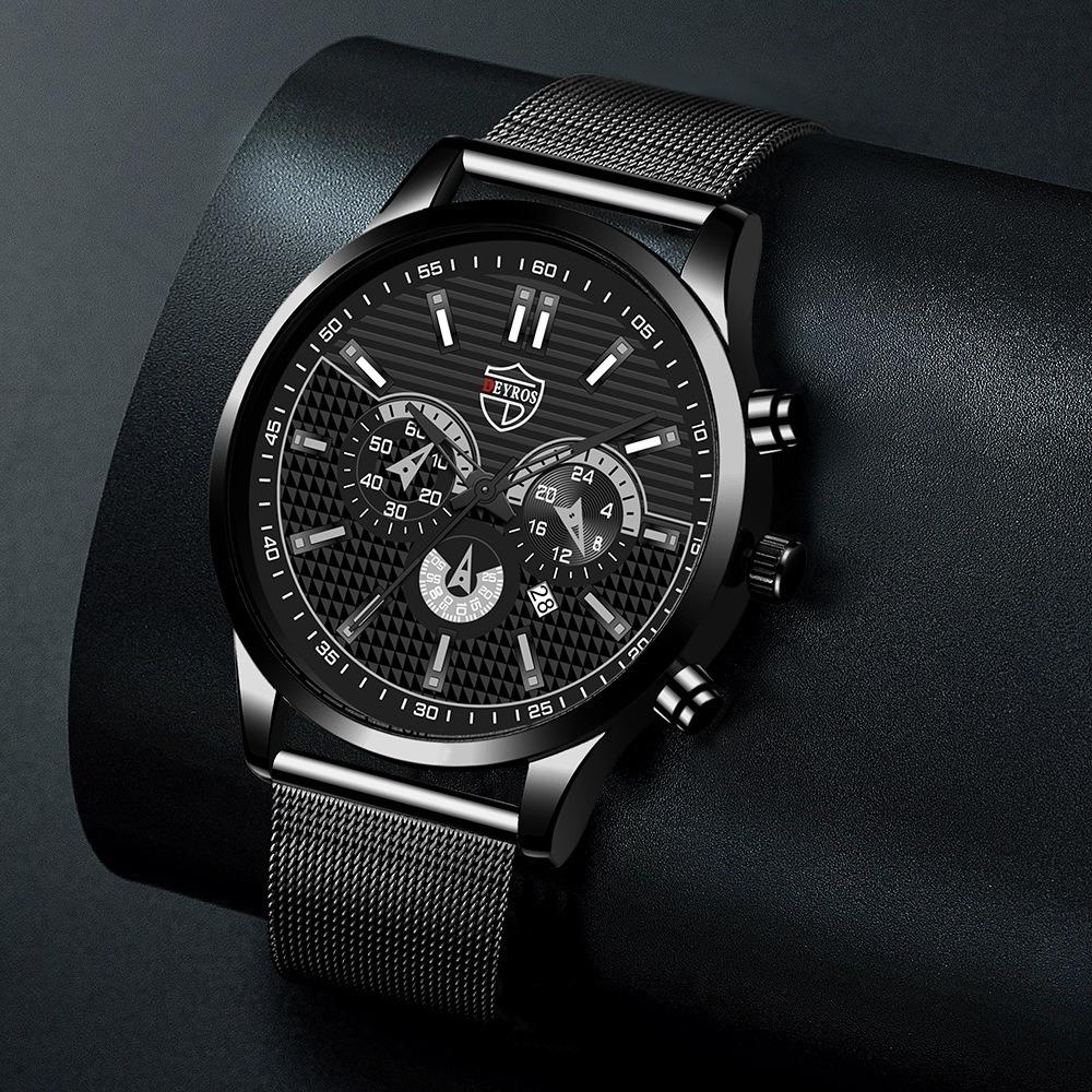 DEYROS 4PCS Set Fashion Mens Sports Bracelet Watches for Men Stainless Steel Quartz Wristwatch Classic Male Casual Leather Watch