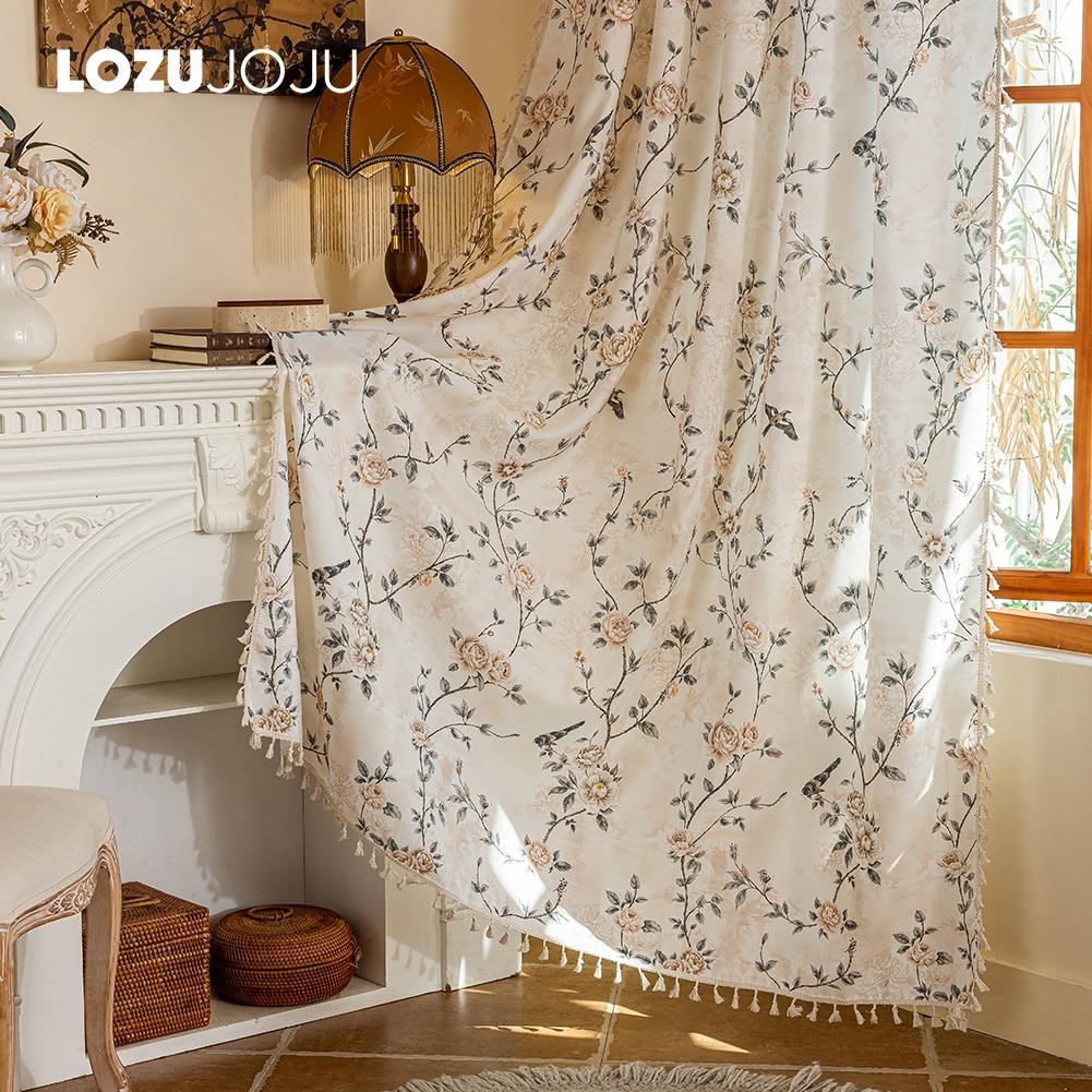 1PC LOZUJOJU French Retro Rose and Bird Print Curtains Beige Tassel Edge Semi Transparent Curtains for Bedroom Living Room Window Home Decor