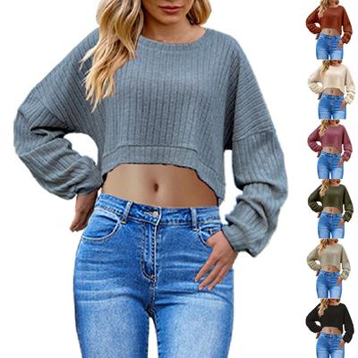 Women's Fashion Casual Woolen  Strip Knitted Crop Long Sleeve Short T Top