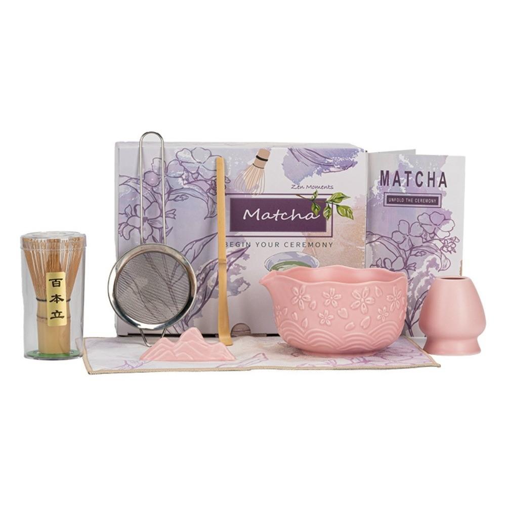 2/4/7 Pcs New Ceramic Matcha Bowl Sakura Flower Matcha Whisk Holder Reusable with Pouring Spout Japanese Tea Set Tea Lovers