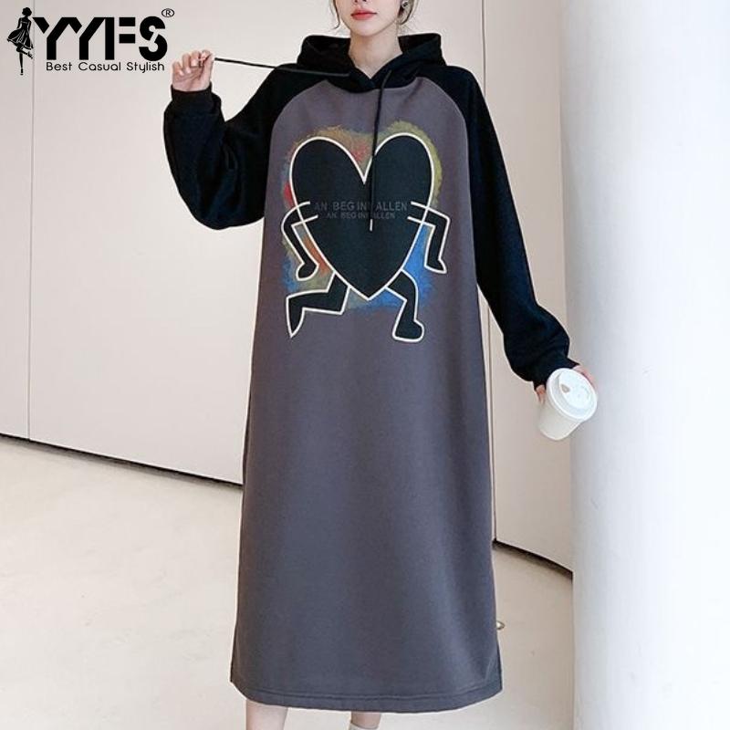 

YYFS Women s Fashion Fall Winter Love Letter Print Long Sleeve Hooded Loose Waistline Casual Dresses M темно-сірий