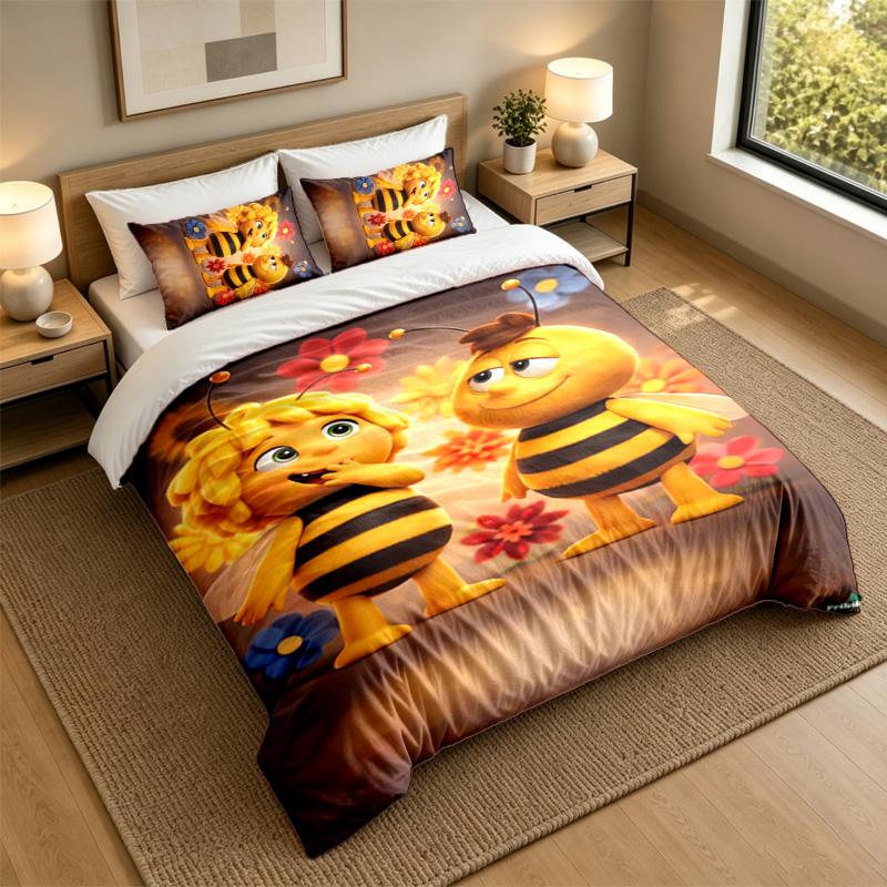 Weiches Bettwäsche-Set Biene Maja Muster, 1 Bettbezug plus 2 Kissenbezüge Stilvolles Schlafzimmer Heimtextilien