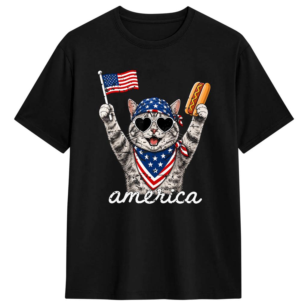 Unisex Retro Funny America Cat Hot Dog Lovers Patriotic US Flag TShirts Cotton Tops Summer Classic ShortSleeve T Shirt ONeck Tee
