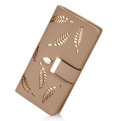 Women's Rose Gold Vegan Leather Leaf Bi-fold Card Coin Holder Long Wallet