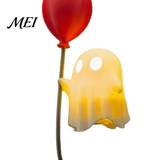 Warm Light Ghost Decor Cute Figurine with Balloon, LED Night Light, Bedside Halloween Decoration for Bedroom Desk Table Centerpiece Cozy Ornament Gift