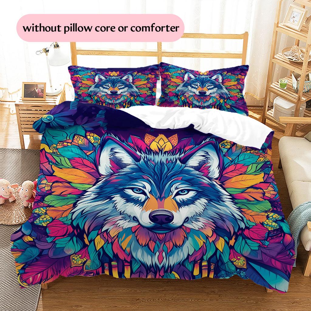 Colorful wolf  Pattern Bedding Quilt Set Quilt Cover Pillowcase Home Decoration  Gift (1 * duvet cover + 2 * pillowcase, without core)