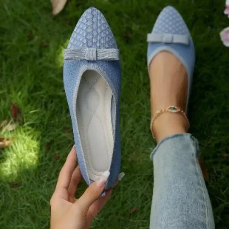 Flache Schuhe mit spitzer Spitze für Damen, einfarbig, gestrickt, Schlupfschuhe, lässig, atmungsaktiv, Ballerinas, flache Schuhe, Halbschuhe, Damen