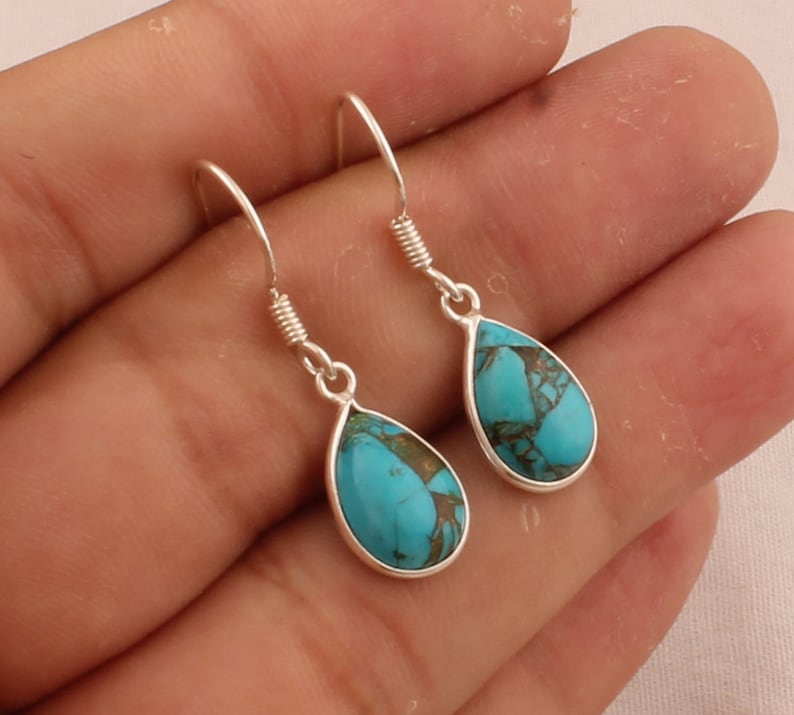 

Solid 925 Sterling Silver Blue Copper Turquoise Gemstone Pear Shape Earring Dangle Earring