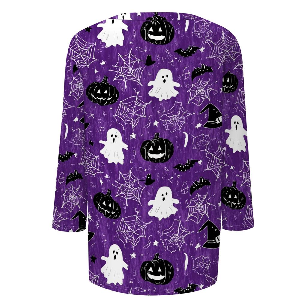 Damen Freizeit Halloween Aufdruck V-Ausschnitt Dreiviertelarm Oberteil Leicht Bequeme Passform Stilvolles Design für den Alltag