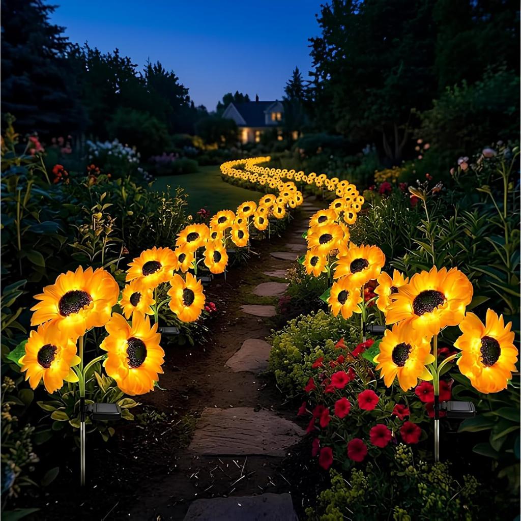 Solar Garden Lights: 1 Pack LED Outdoor Lights with 3 Head Sunflowers, Waterproof Warm Yellow for Yard Landscape Porch Decorations