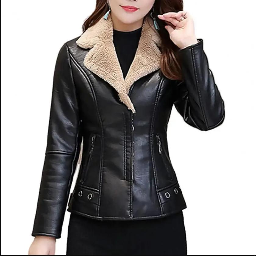 Women's Leather Jacket Turn Collar Thicken Plus Velvet Fur One Moto & Biker Female Jacket Women Winter Jacket Oversize