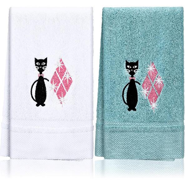 Macarrie 2 Pcs Mid Century Modern Black Cat Kitchen Towels Retro Cat Dish Towels Cotton Embroidery Absorbent for Kitchen Bathroom Decorative
