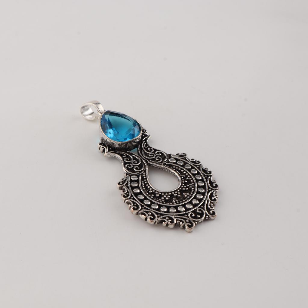Swiss Blue Topaz Gemstone 925 Sterling Silver Jewelry Long Oxidize Pendant 1.8" For Thanksgiving Gift CP-45-8