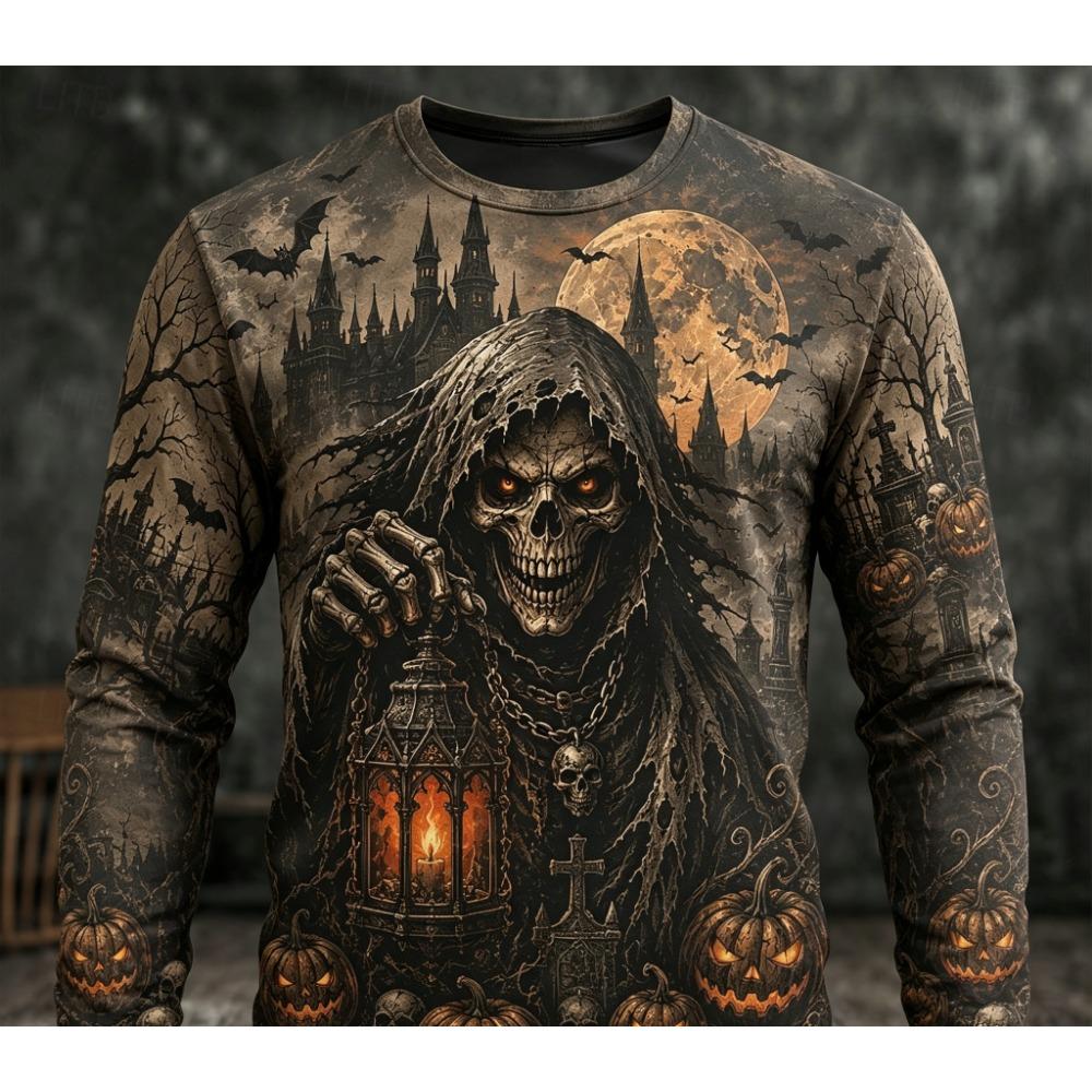 Men Vintage Halloween Long Sleeve T-shirt Grim Reaper Scarecrow