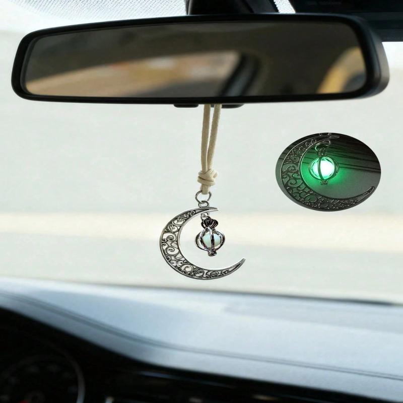 Mond Anhänger Auto Hängeornament – Hohl Sichel Design, Eingelegt Mit Leuchtstein, Elegante Rückspiegel Dekoration