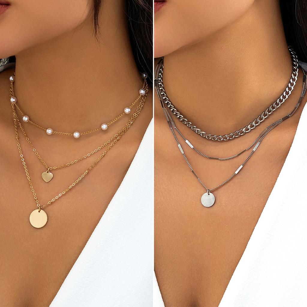 Thin chain multi-layer necklace set female, simple imitation pearl geometric disc, sweet and cold style item