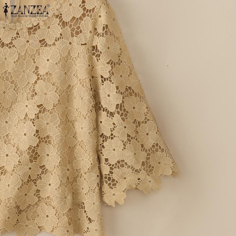ZANZEA Women Summer Round Neck 3/4 Sleeve Casual Patchwork Lace Crochet Blouse