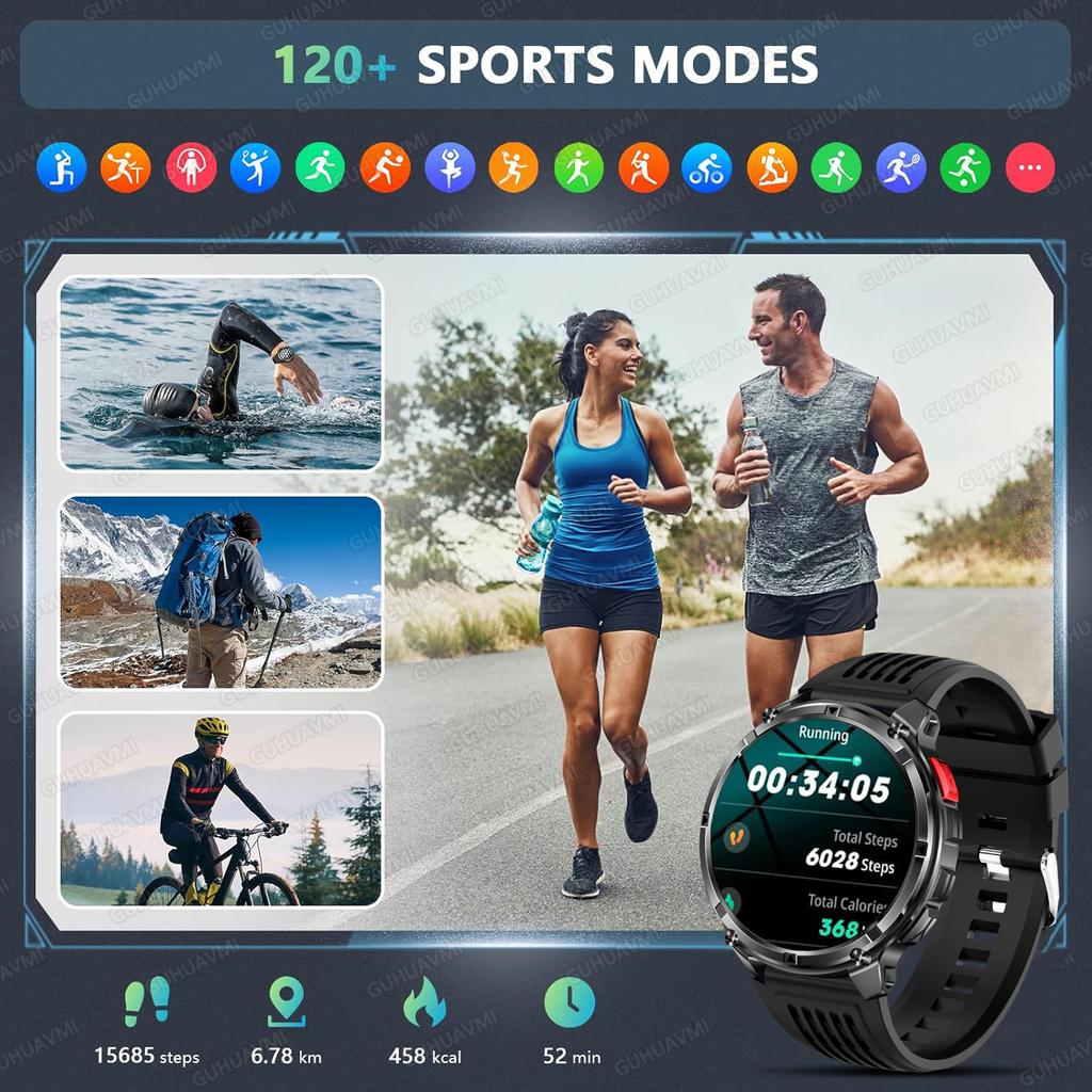 New Military Men 1100mAh Durable Battery Smart Watch With GPS Compass 10ATM Waterproof 1.7"AMOLED Screen Outdoor Swim Smartwatch