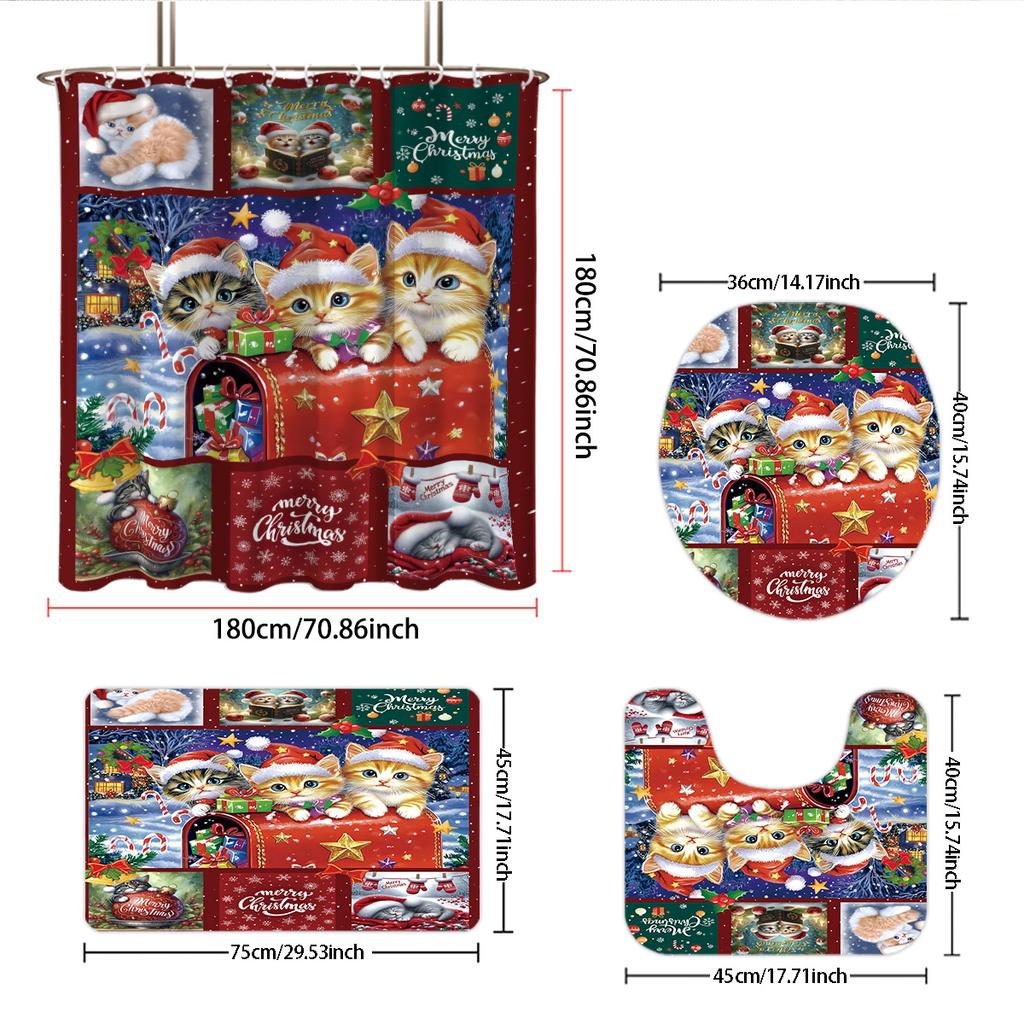 4pcs Christmas Cat Printed Bathroom Set 180x180 Waterproof Shower Curtain, Floor Mat, U-shaped Mat, and Toilet Mat
