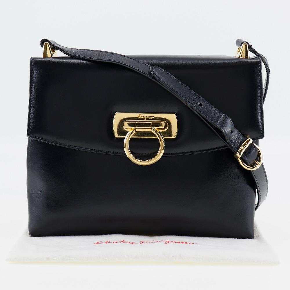 Salvatore Ferragamo Gancini Shoulder Bag Black Calfskin Women Used