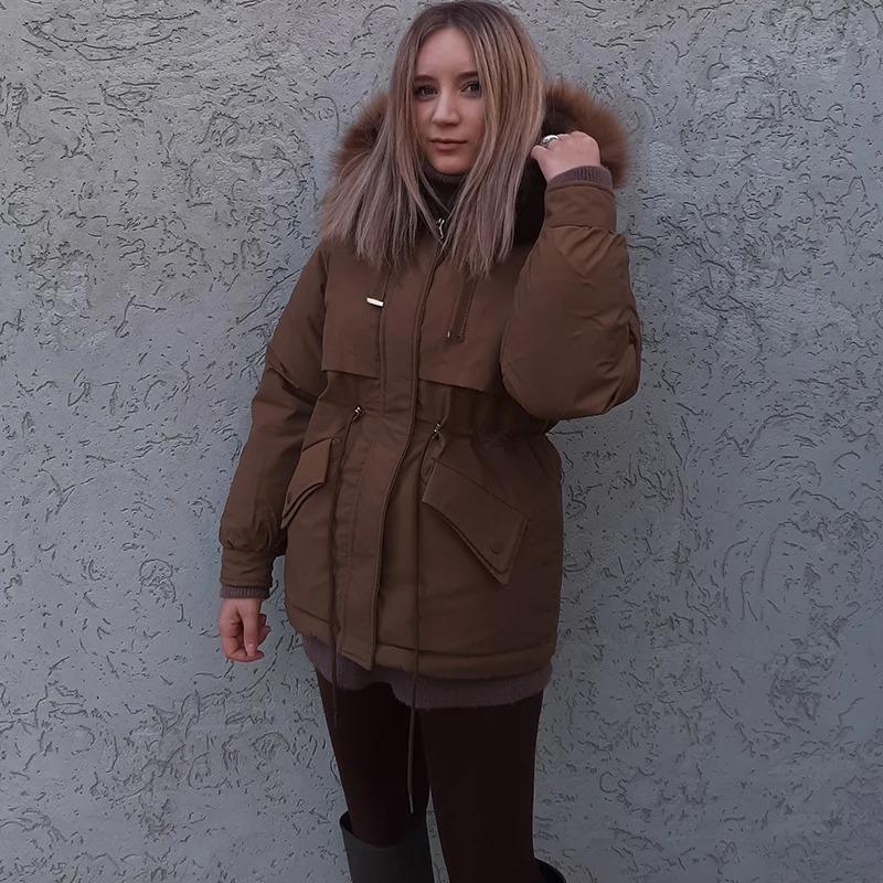 Cotton Padded Plus Size 2XL Winter Big Fur Jacket Women Loose Slim Warm Hooded Parka Coat Down Jacket