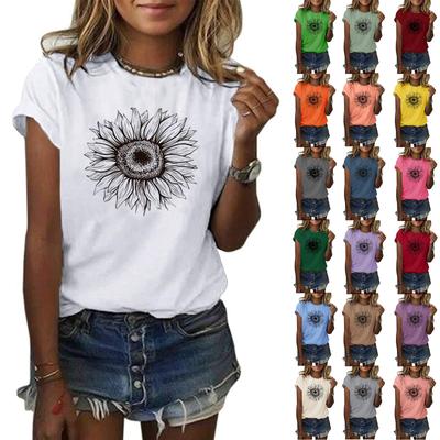 Damenmode Kurzarm T-Shirt Sonnenblumenmuster Locker Sommeroberteile