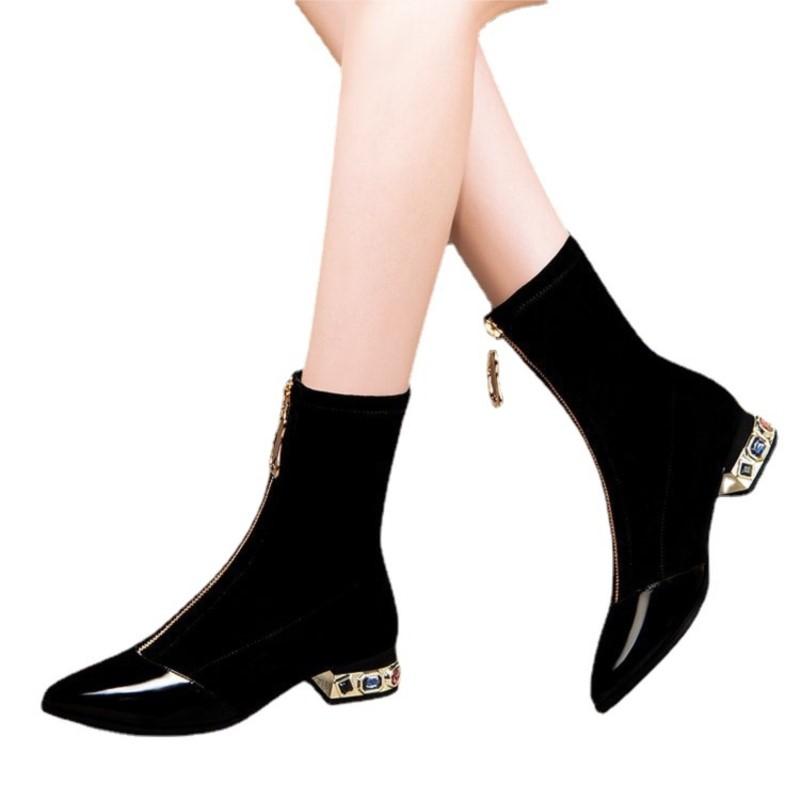 New Large Size Women's Autumn Pointy Toe Black Boots Diamond with Leather Splicing Leather Zipper Ankle Boots D338