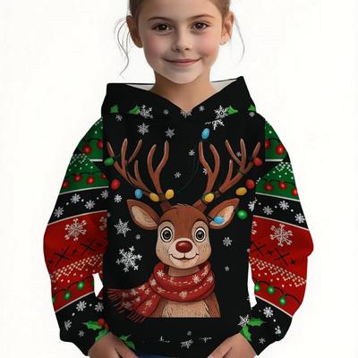 Winter Girls' Boy's Hooded Reindeer & Snowman Print Festive Holiday Christmas Sweatshirt Adult Parent-child Hoodies