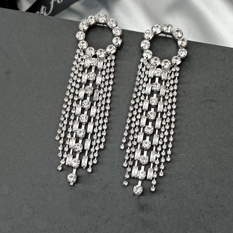 S925 Silver Geometric Rhinestone Tassel Earrings - Sparkling Diamond Round Long Design
