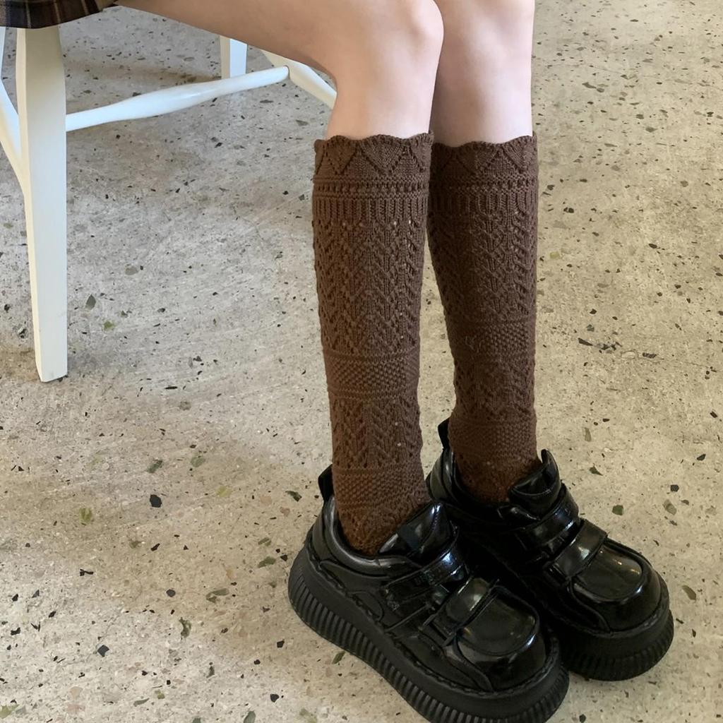 Wei Xue Autumn/Winter Hollowed Wool Slouch Calf Socks: Runway Style Knitted Lace, Warm & Slimming.