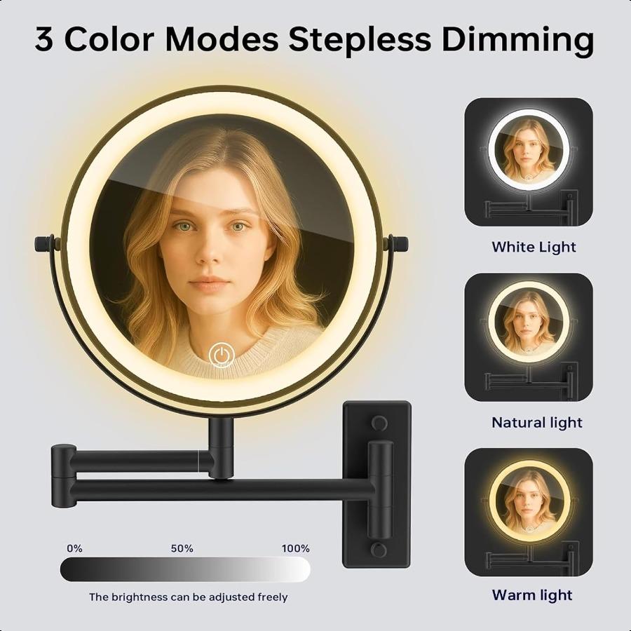 Rechargeable Wall Mounted Lighted Makeup Mirror Mounted Makeup Magnifying Mirror with Lights 10X LED Vanity Mirror Wall Mounted