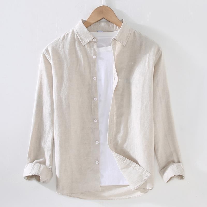 Linear Long-sleeved Men's Japanese Casual Loose Cotton Linen Shirt Spring and Summer Outfit Inch Shirt