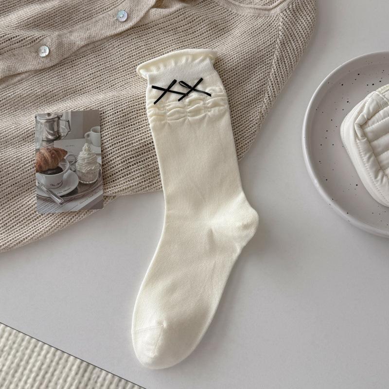 Cake Bubble Mouth Socks for Children, Mid-Calf Length, Solid Color, with Ribbon Knots, Ballet Style, Boneless, Fine Combed Cotton, Layered