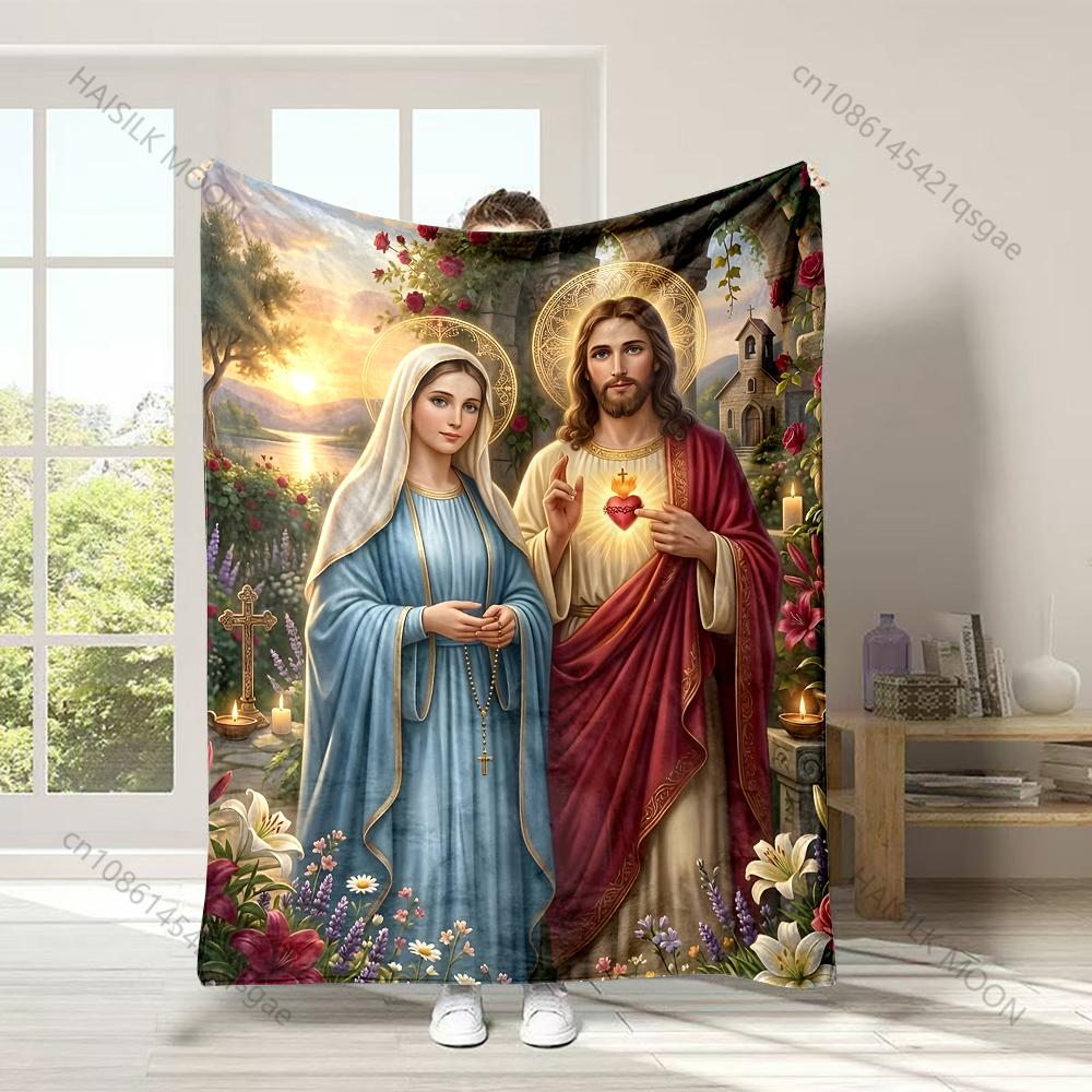 1PC Virgin and Jesus Halo Faith-printed Flannel Blanket Soft and Warm Suitable for Home Travel Picnics Camping and RV Use