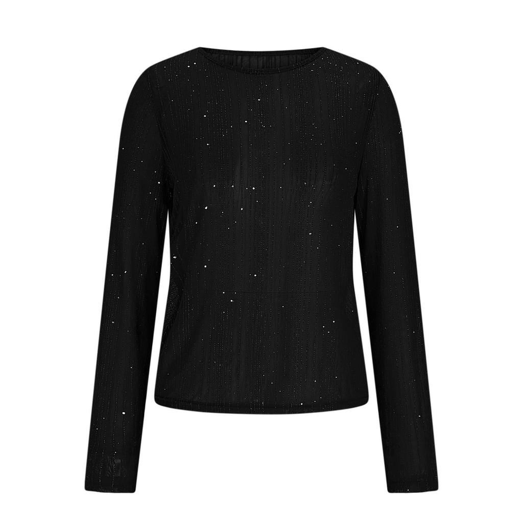 Women's High-Neck Sequin Long Sleeve Top - Spring/Autumn 2026, Stylish & Transparent Inner Layer