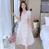 Short Sleeved Floral Chiffon Dress for Women Summer Waistband V-neck Ladies' Style Mid Length A-line Dress