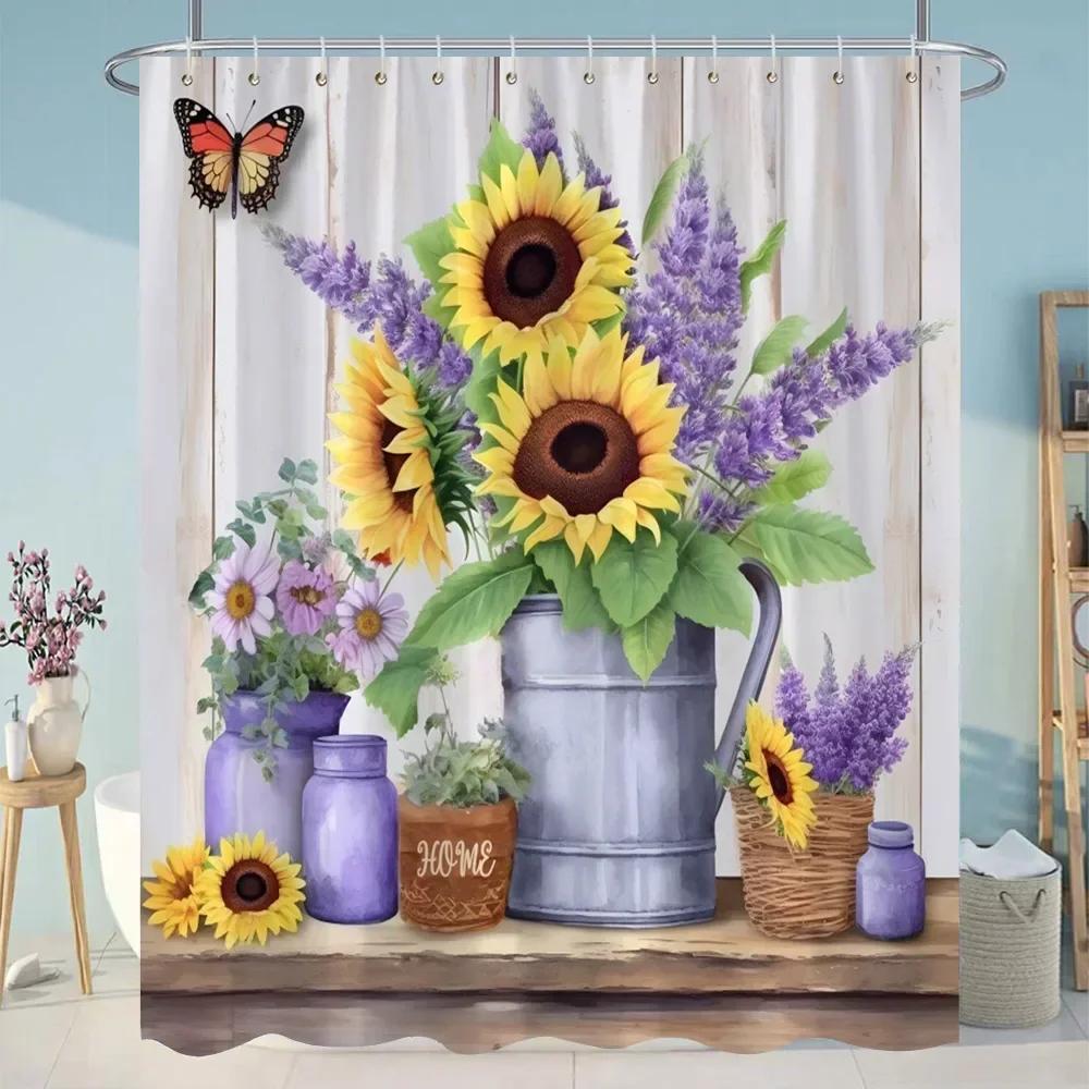 Sunflowers Lavender Shower Curtains Green Plants Popular Flowers Small White Daisy Butterflies Hanging Curtains Bathroom Decor