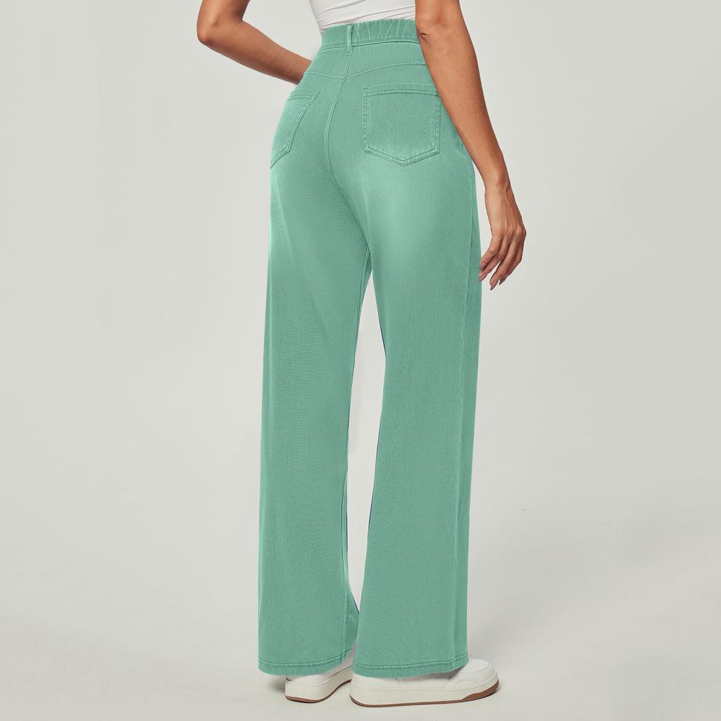 Damen Jeans Lässig Einfarbig Stretch Knopf Gerade Jeans