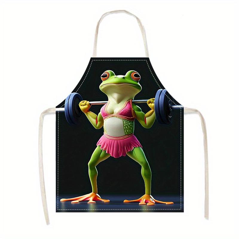 1pc/Funny Bodybuilding Frog Apron with Barbell Print 3D Cartoon Design Kitchen Cooking Baking BBQ Work Wear Novelty Gift for Men