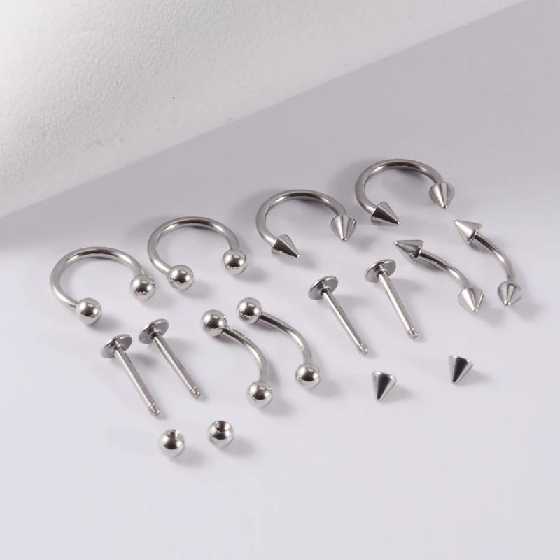 Edelstahl Lippen-, Augenbrauen-, Nasen- & Ohrpiercing-Set: Hufeisen & C-förmige Ringe 1.2*8 mm